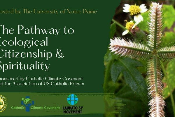 Text reads The Pathway to Ecological Citizenship and Spirituality. There is a cross made out of flowers on a green background.