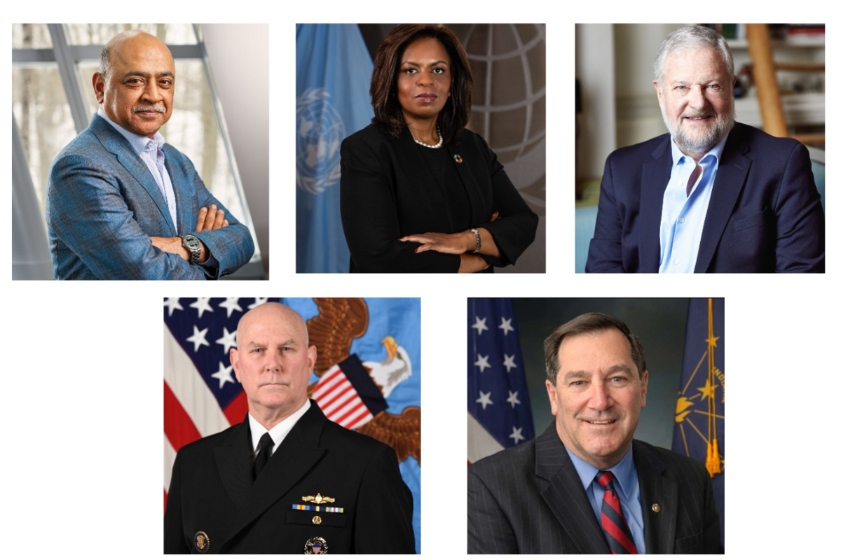 A grid with headshots of five people: Arvind Krishna, Sanda Ojiambo, David Rockefeller, Admiral Christopher Grady, and Joe Donnelly